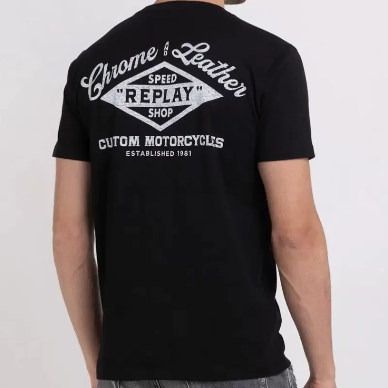 T Shirt noir logo chrome and leather<Replay Jeans Best Sale